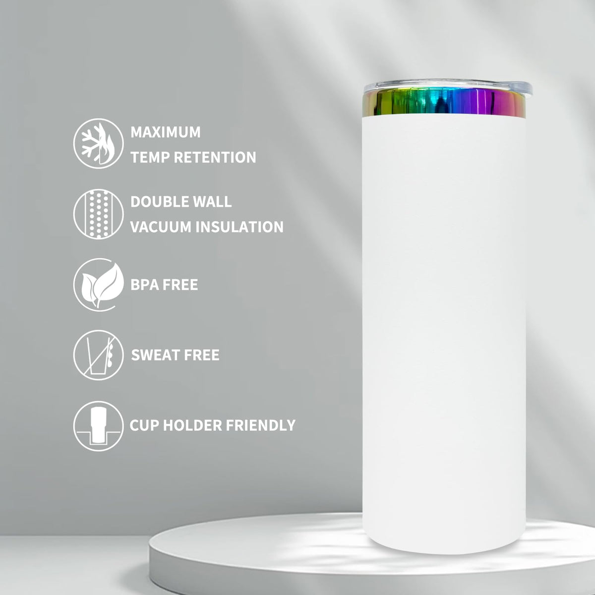 FunTrans 20 oz Skinny Tumblers Stainless Steel Tumbler with Lid and Straw Double Wall Vacuum Insulated Coffee Mug 20oz Powder Coated Cup for Hot and Cold Drinks(White,1 pack)