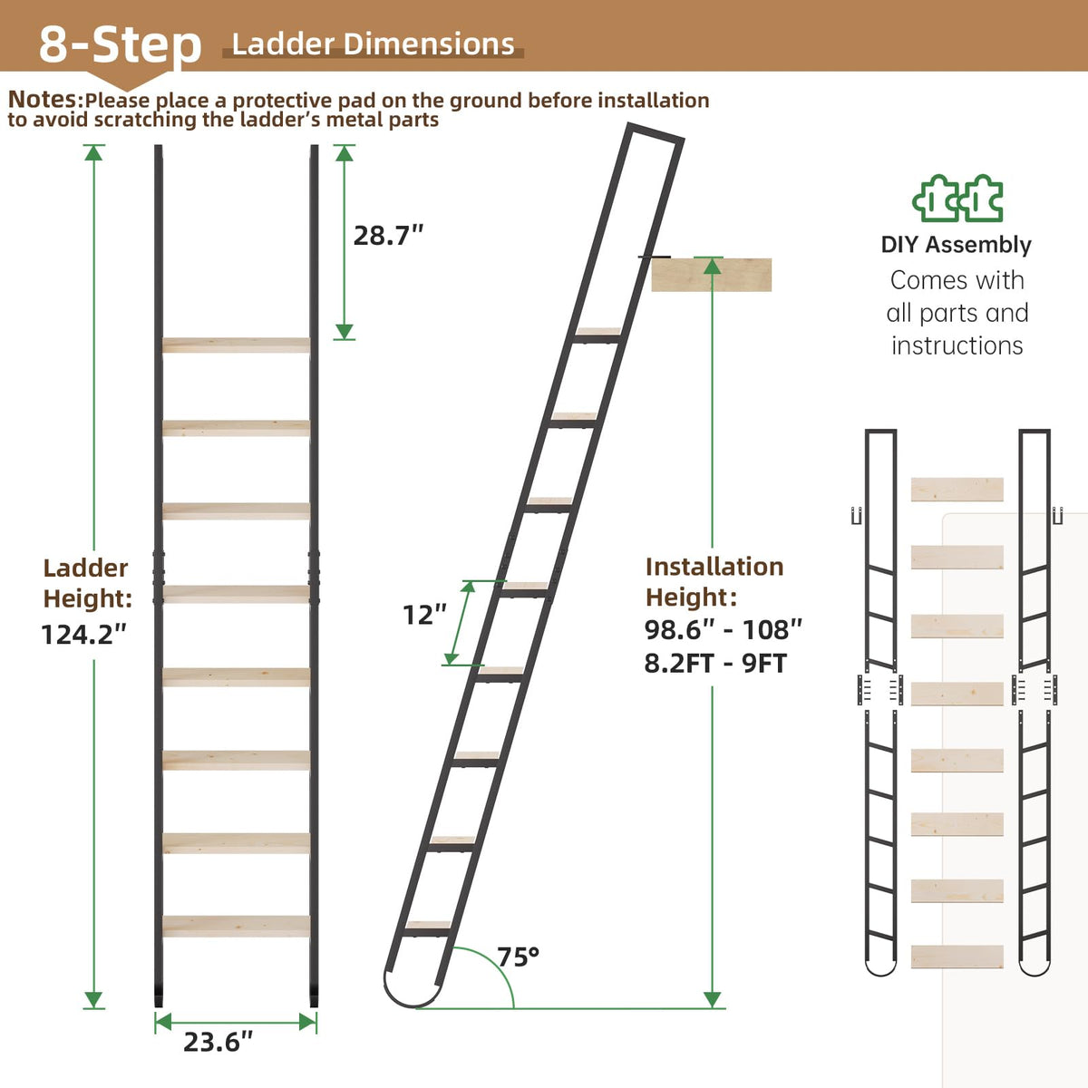 10.35FT Industrial Style Loft Ladder, 8 Steps with Black Steel Handrails & Solid Wood Steps, 450lbs Capacity, Fits 8.2-9FT Installation Height,for Attic, Kitchen, Warehouse, Bookshelf& Outdoor