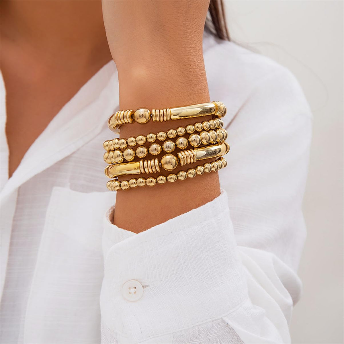LXSSLY 5Pcs Gold Bangles Bracelets Set for Women,14K Gold Plated Stackable Bead Ball Bracelets Set,Adjustable Bead Bracelets,Boho Stretch Bead Ball Bracelet for Women, 7 in
