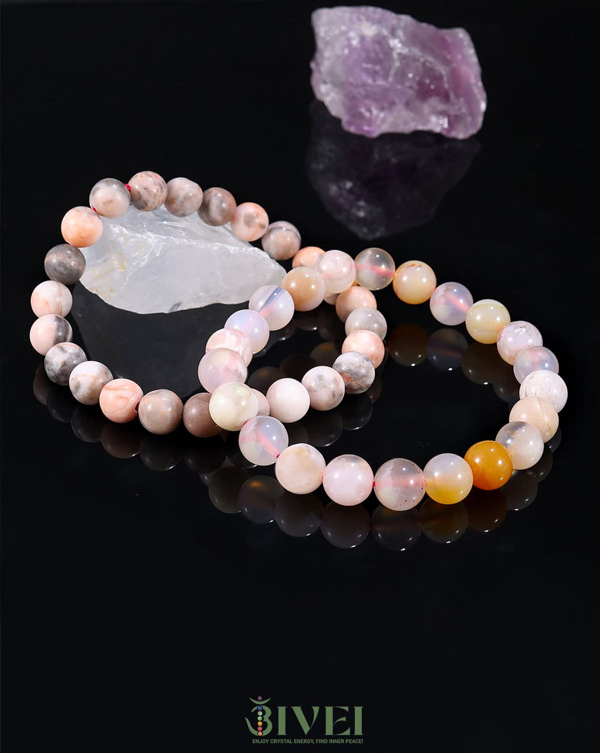 Bivei Natural Gemstone Semi Precious Crystals Handmade Stretchy Round Beads Bracelet, Enhance Positive Energy,Stocking Stuffers for Women(Pink Jasper & Sakura Agate (Positive Energy& Love) Large)