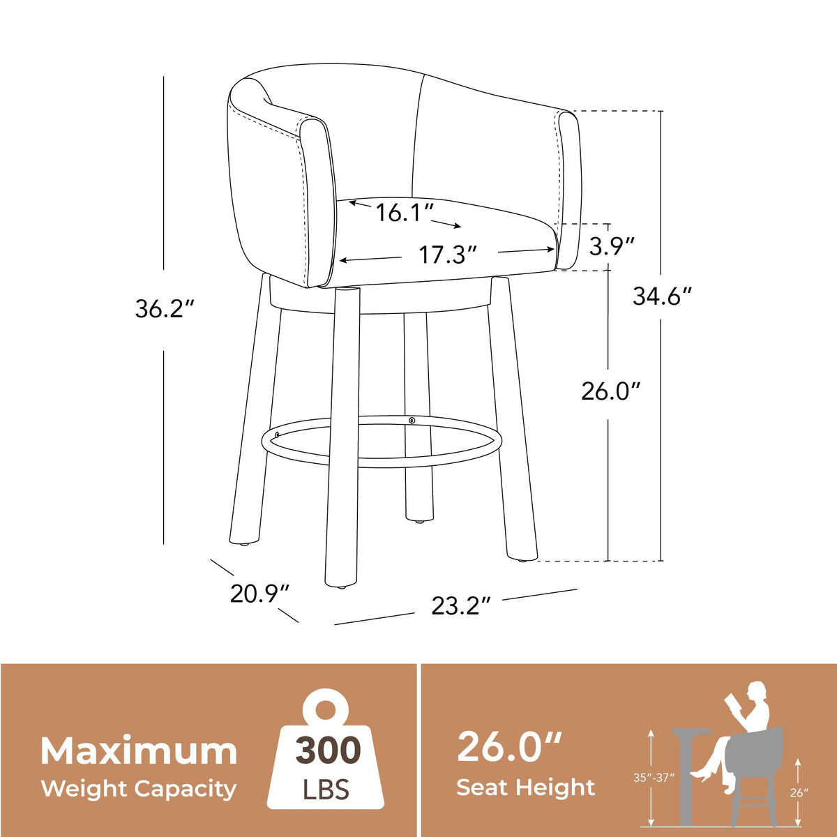 CHITA Genuine Leather Swivel Bar Stool, Modern Counter Height Bar Stools with Arms, Solid Wood Turned Legs, Upholstered Barstools for Kitchen Island, 26" Seat Height