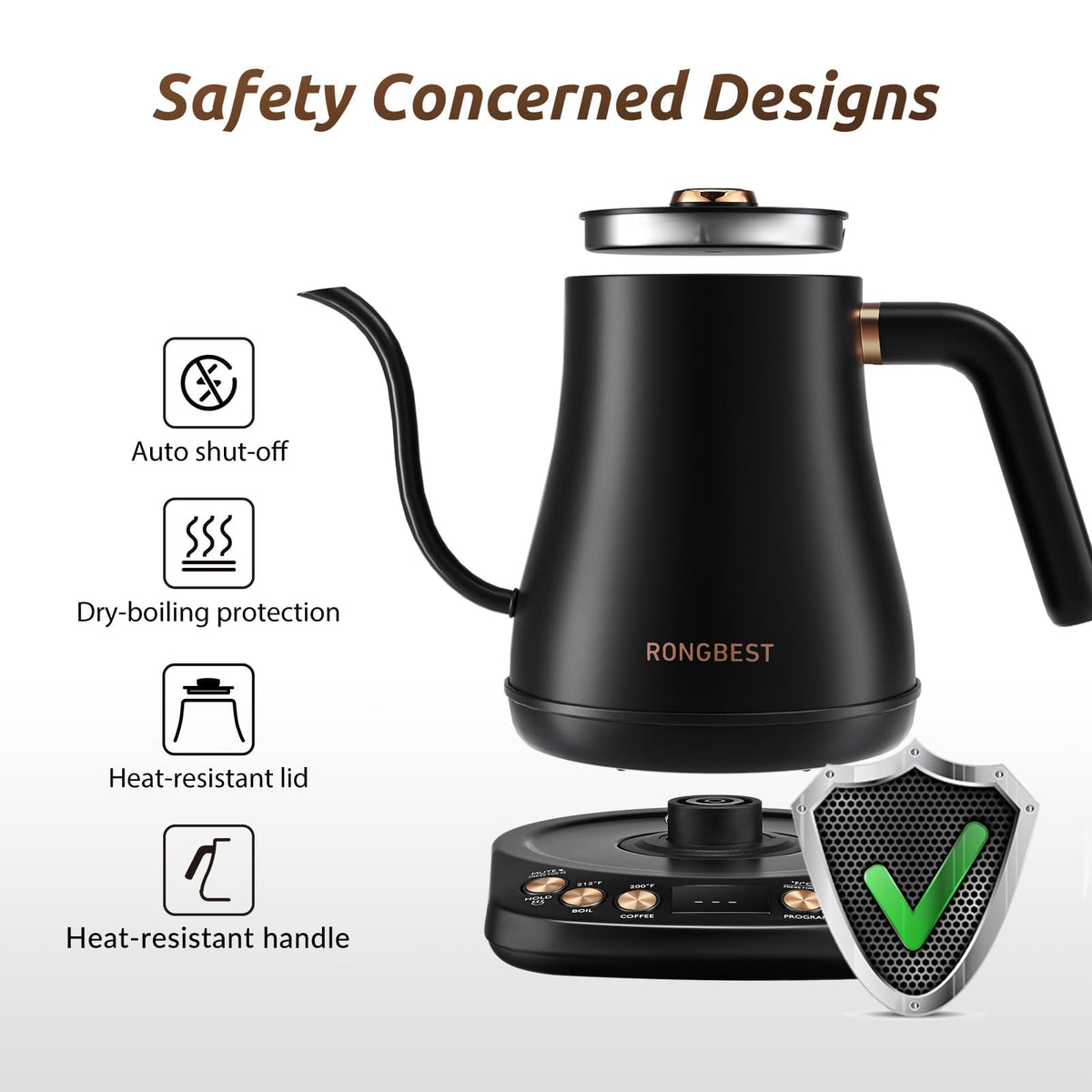 RONGBEST Electric Gooseneck Kettle 1L, 6 Temperature Control Presets, 1200W Quick Heating Water Pour Over Coffee & Tea Pot with Auto Shut-off & Keep-warm, Stainless Steel Inner & Lid, Matte Black