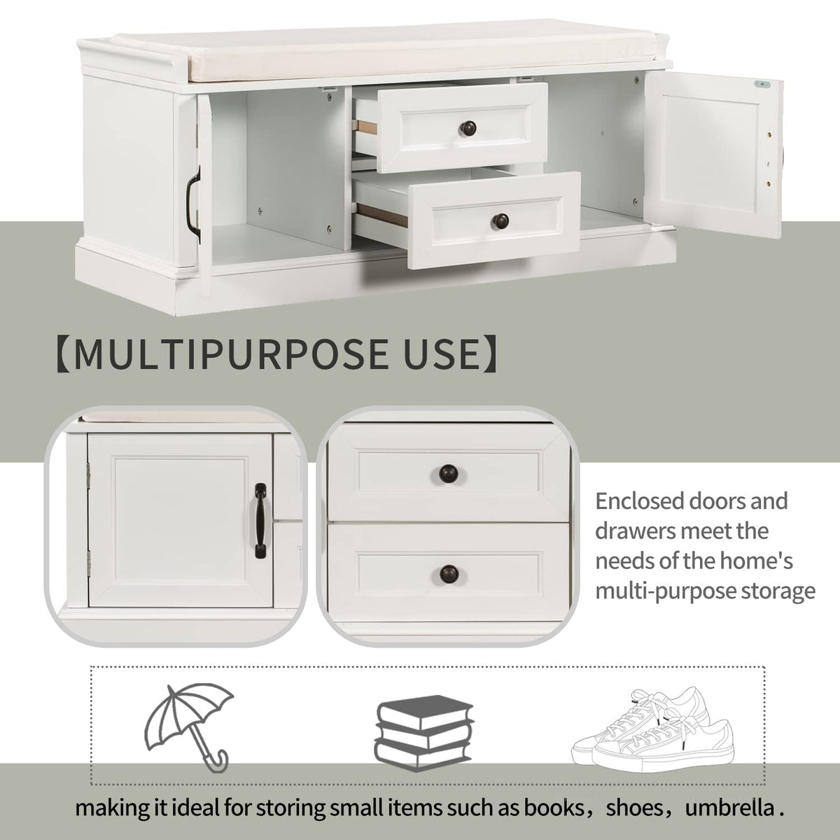 Merax Modern Wood Storage Bench with 2 Drawers and 2 Cabinets for Living Room Bed Room Entryway White