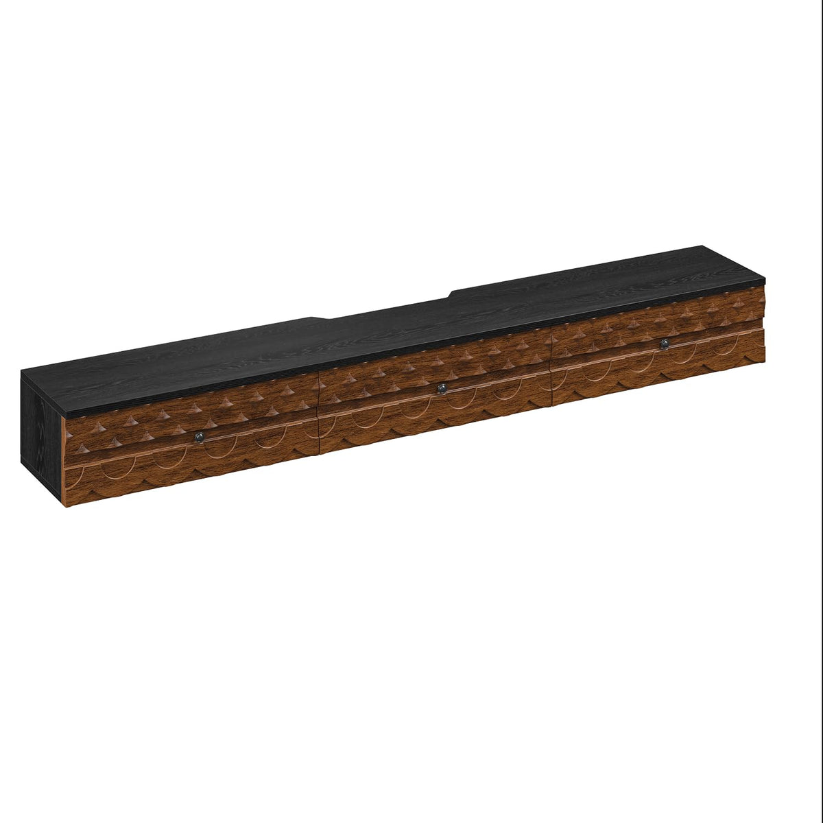 FurniNova Fully Assembled Floating TV Stand, 55 inch Wall Mounted Media Console with Carved Solid Wood Doors & 2 Drawers, Plywood Entertainment Center for Living Room, Black & Walnut
