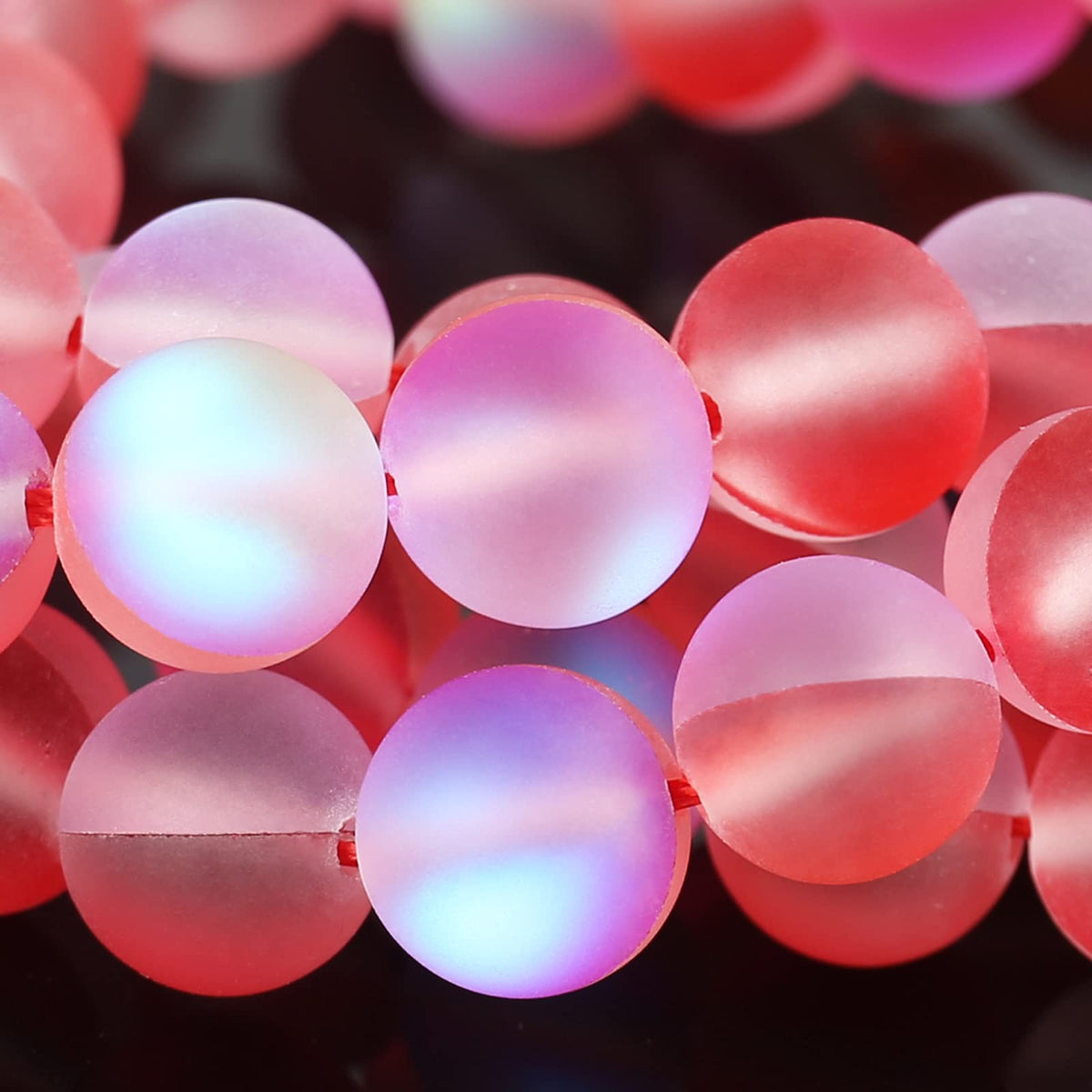 Matte Red Aurora Crystal Glass Beads, 6MM Frosted Glitter Shining Mermaid Round Loose Beads, Rainbow Holographic Synthetic Moonstone for Jewelry Making DIY Bracelet