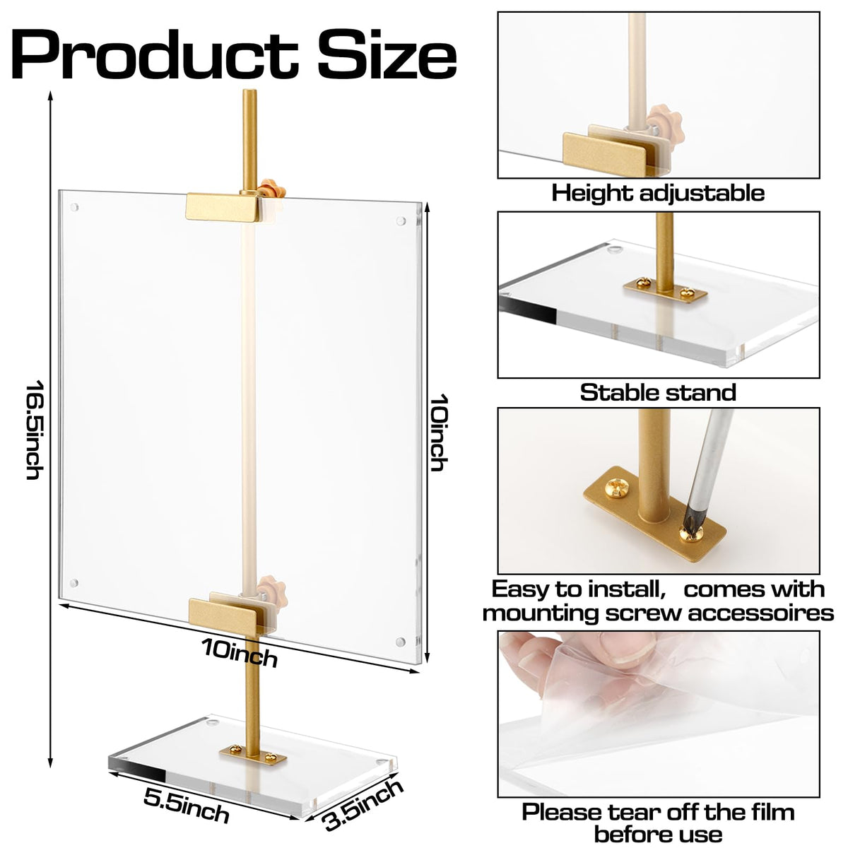 RattanView Adjustable Metal Easel Stand with Acrylic Floating Photo Frame 16.5" Tabletop Metal Standing Easel Display Stand for Display Picture, Frame, Photos, Art, Poster, Signs(Gold,Acrylic Base)