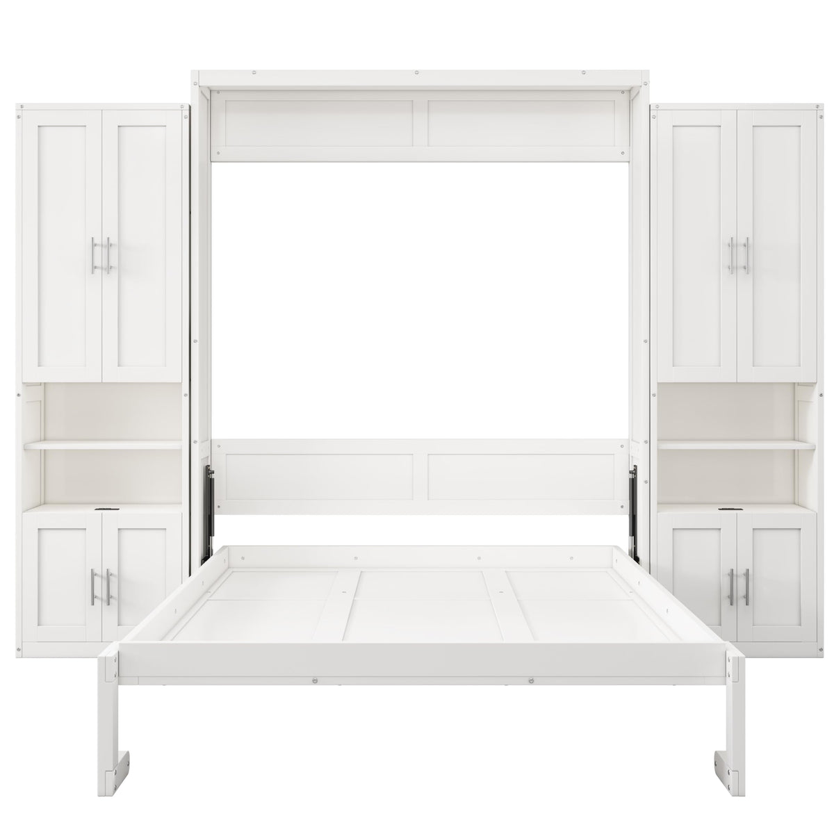 DNYN Queen Size Murphy Bed with Desk & Two Slide Storage Shelf for Small Space,Bedroom,Guest Room,Wooden Wall Bedframe w/Folding into Cabinet Design,Super Save Space & No Box Spring Needed, White