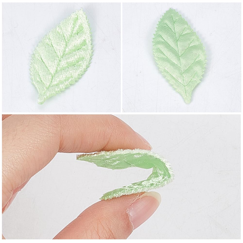 CABODYALS 100Pcs Mixed Green Velvet Fabric Leaves Spring Faux Artificial Craft Small Leaf Double Face Decorative Cloth Appliques Bulk for Sewing Making Wedding Party Scrapbooking Decor DIY Supply