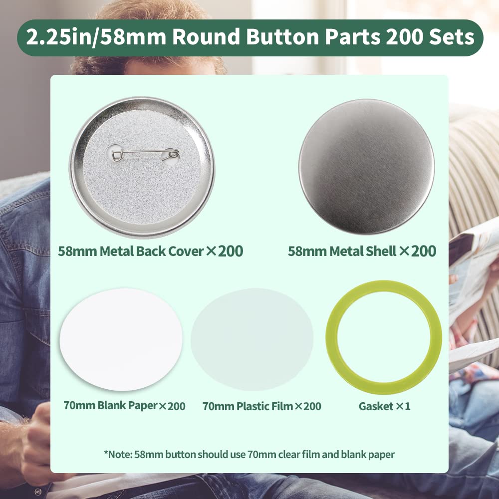 Mostme 200 Sets 2.25 inch Button Maker Supplies, 58mm Button Supplies Parts Badge Part, Buttons Making Supplies, Includes Metal Pin Back Cover, Metal Shells, Blank Paper&Clear Film