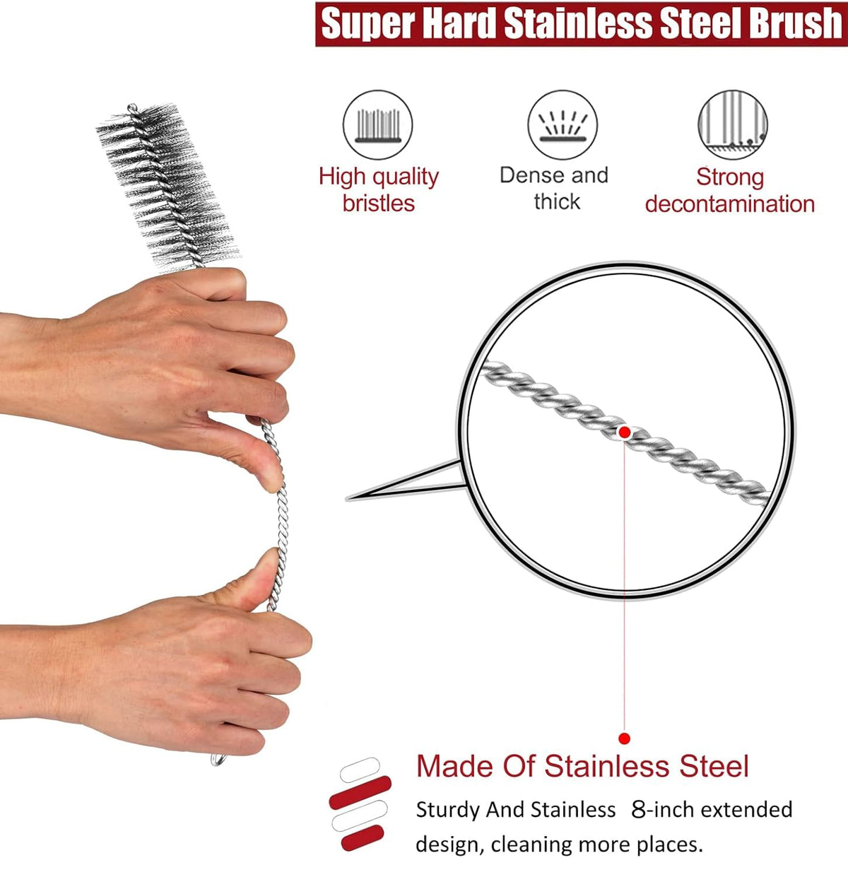 Pipe Cleaning Brush Set Stainless Steel Bristles, Stainless Steel Pipe Brush Steel Bottle Brush 9 Piece Variety Pack for Auto Parts, Bottles, Tubes, Etc.