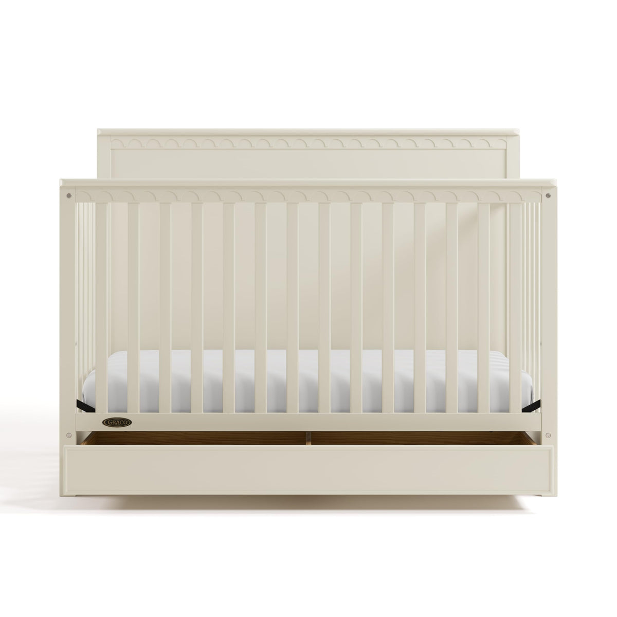 Graco Sasha 5-in-1 Convertible Crib with Drawer – GREENGUARD Gold Certified Wood Crib, Converts to Toddler Bed, Daybed, Full-Size Bed, Stylish Classic Design (Frosted Oat)