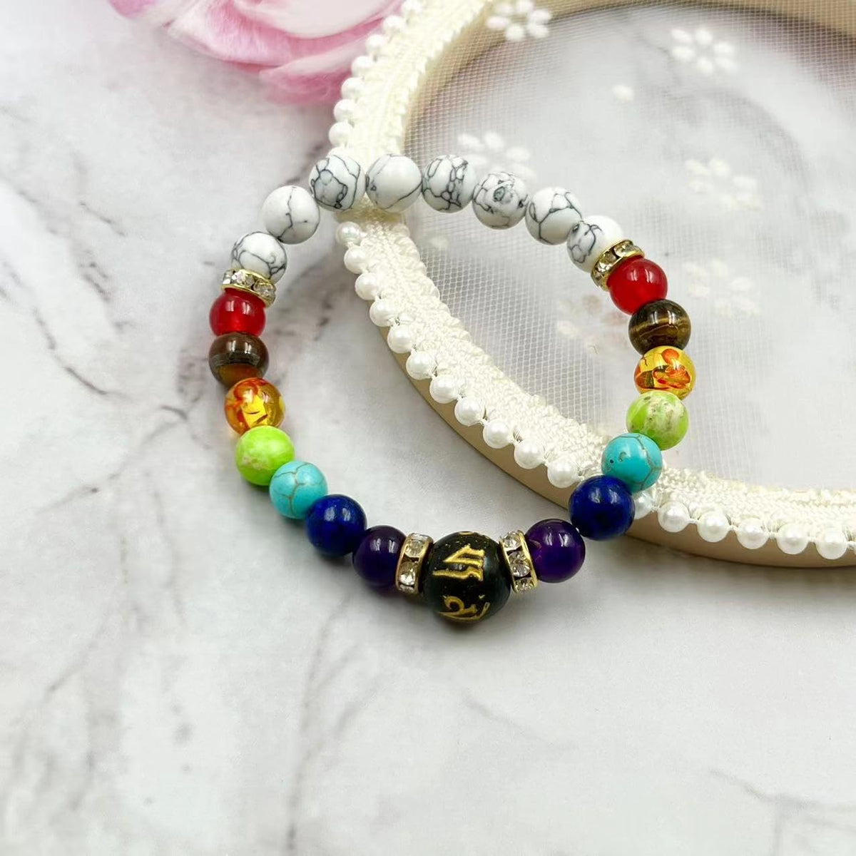 Todenb 7 Chakra Bracelets,Aromatherapy Essential Oil Diffuser Yoga Menditation Beads Bracelet,Black Lava Stone Rock Bead Braided Rope Bracelets for Men Women Jewelry (W)
