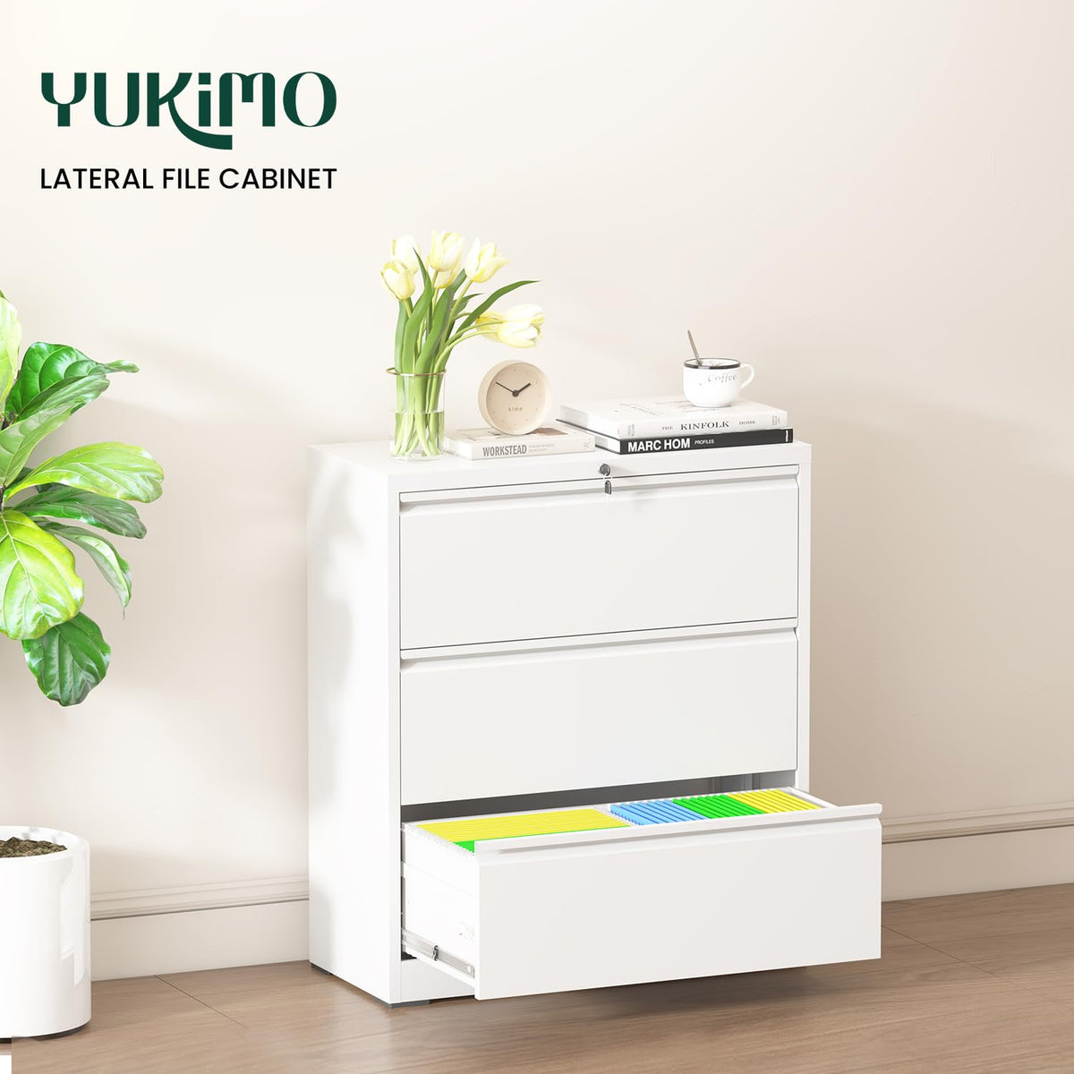 3 Drawer Lateral File Cabinet with Lock, Metal File Cabinets for Home Office, Office Furniture for Organization Hanging Legal/Letter/A4, Metal Filing Cabinet Storage Cabinet, Require Assembly, White