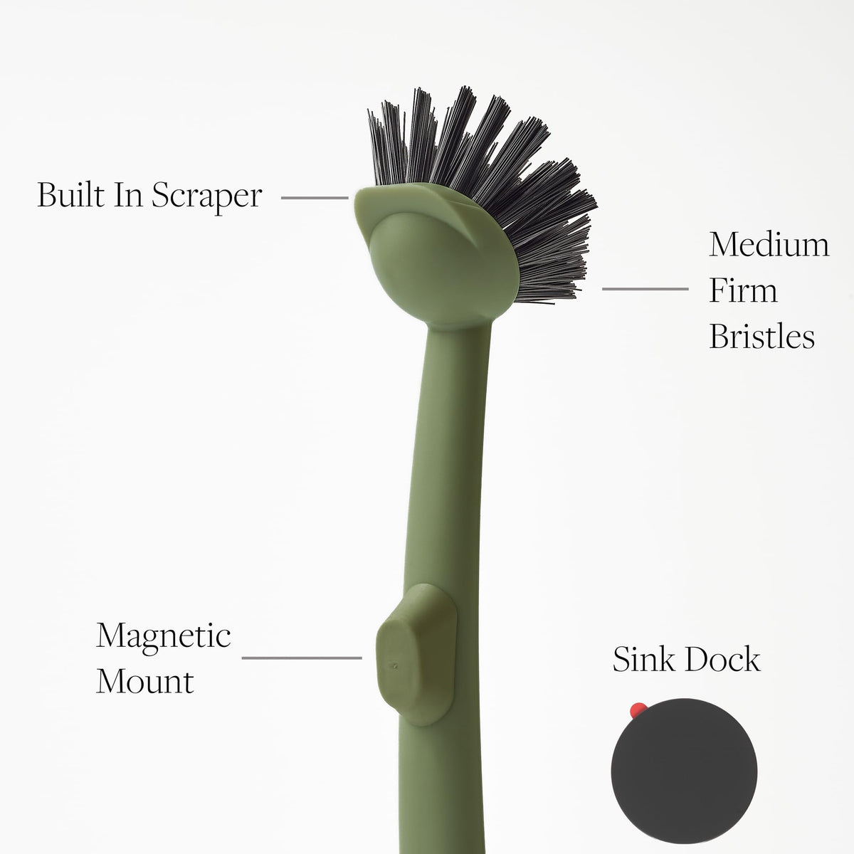 Earth & Mango Magnetic Dish Brush & Scraper, Snaps to Sink, Non-Scratch, Dishwasher Safe, Dish Scrubber – Moss Green