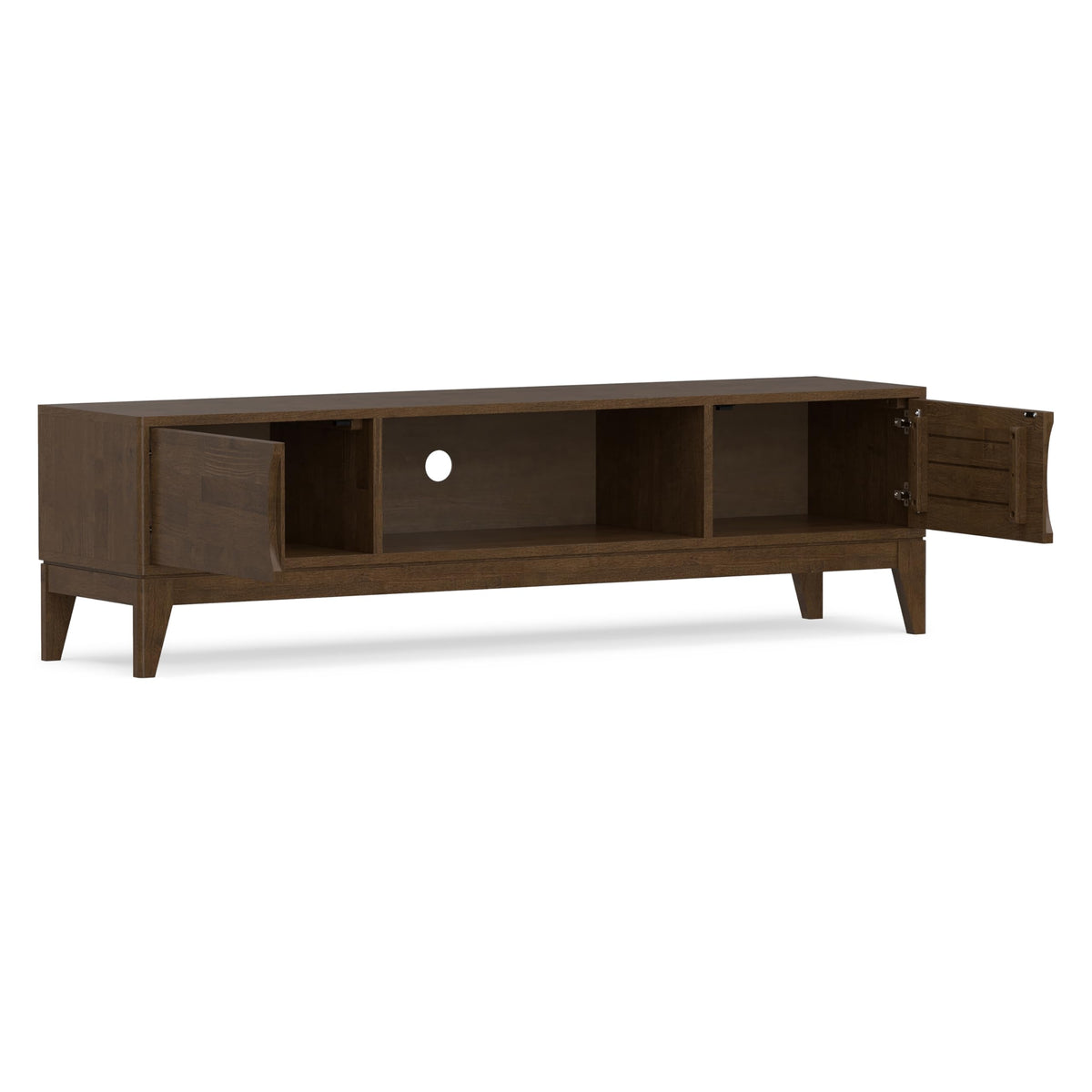SIMPLIHOME Harper TV Stand - 72 inch Wide Solid Wood Low Media Console in Walnut Brown, Mid Century Modern Entertainment Center for Living Room for TVs up to 80 Inches with Shelf and Cord Management