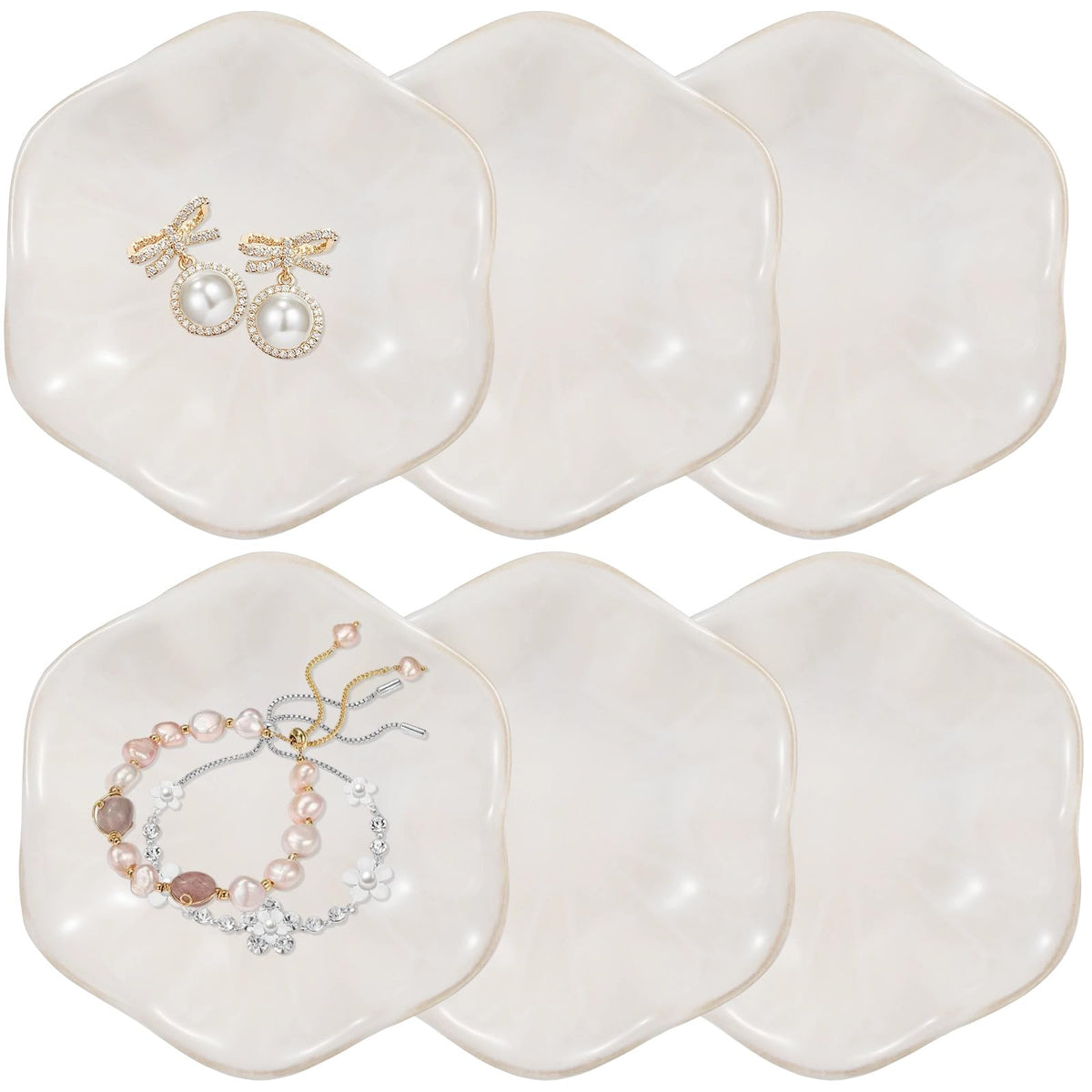 Toyosport 6 Pcs Ceramic Jewelry Dishes, Lotus Leaf Ring Dishes, Small Trinket Trays, White Pottery Plates, Gold-Trimmed Jewelry Holders, Cute Key Bowls for Nightstand Decor