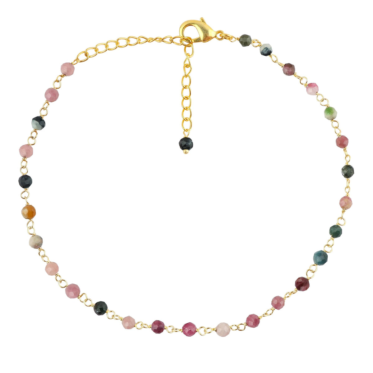 JOR Natural Multi Tourmaline Beaded Rosary Anklet, Handmade Craft, Anklet Beads Bracelet, Chakra Healing Anklet, Gemstone Women Jewelry, Dainty Gold Plated Anklet 9 inch + 1.5 inch (1pcs)