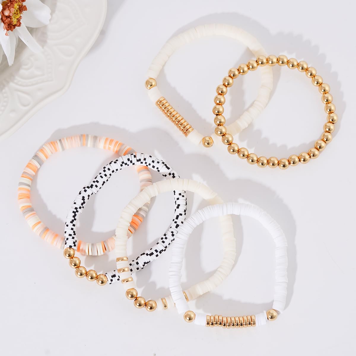 GOOJIDS Surfer Heishi Clay Bead Bracelets for Women Bohemian Stackable Gold Plated Beaded Stretch Bracelets Elastic Layering Friendship Bracelets Set Boho Jewelry (T-MixWhite Set)