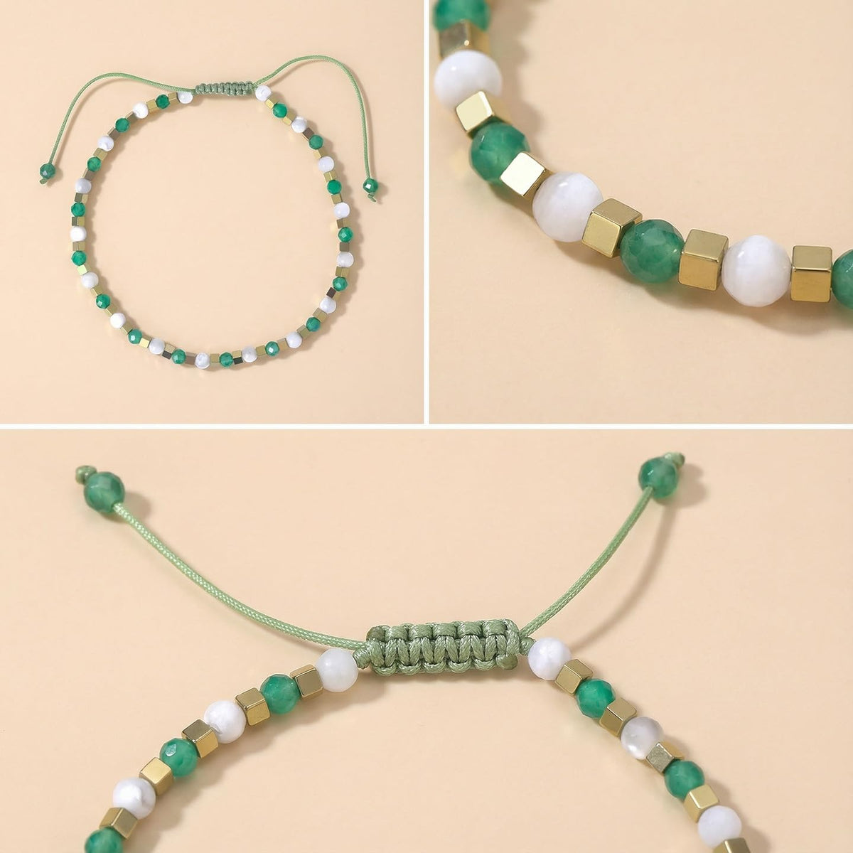BEADSENER Green Agate Adjustable Charming Bracelet for Women, 3mm Natural Shell Gemstone Hematite Stone Beads, Pull String Slider Metal Free Design Waterproof, Gift for Her Daily Wear