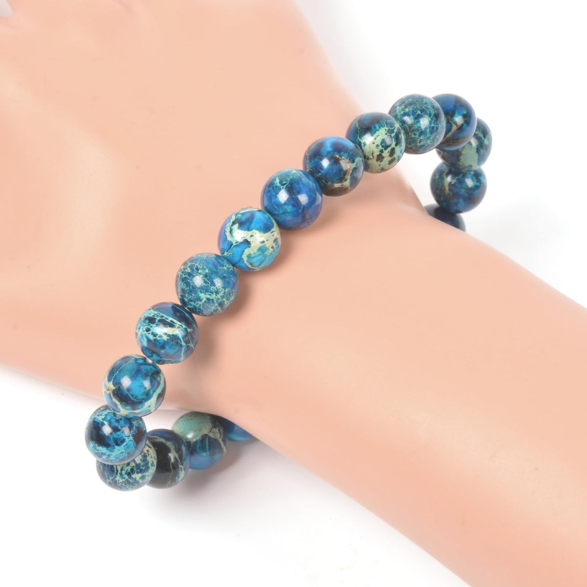 Justinstones Blue Sea Sediment Jasper Gemstone 10mm Round Beads Stretch Bracelet 7 Inch Unisex