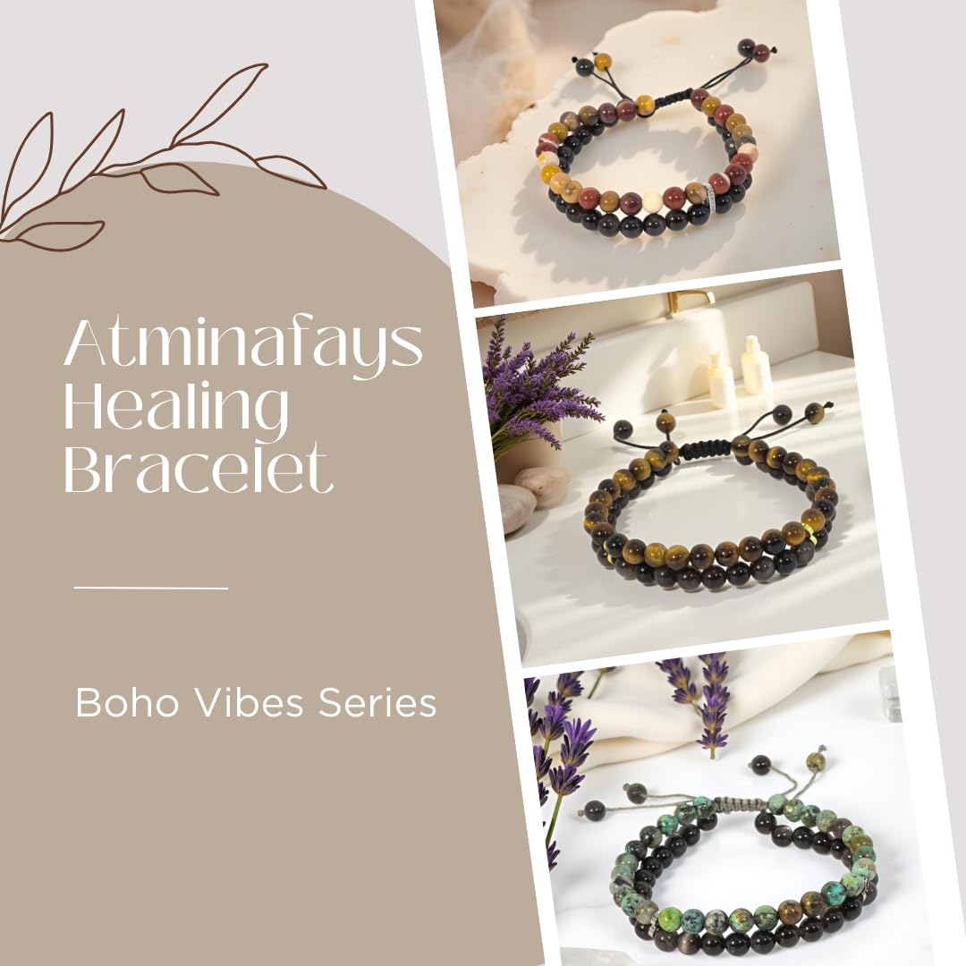 Atminafays 6MM Stackable Healing Bracelet - Mookaite Jasper & Silver Sheen Obsidian Beads for Peace, Prosperity & Positive Energy | Adjustable Handwoven Cord | Boho Chic Spiritual Jewelry,Thanksgiving gift