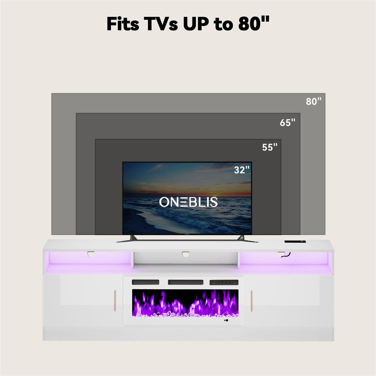 OneBlis 70" Fireplace TV Stand with Power Outlet, Electric Fireplace Entertainment Center with Storage Cabinets, Fits TVs up to 80", TV Console with LED Lights for Living Room, Office, White-White