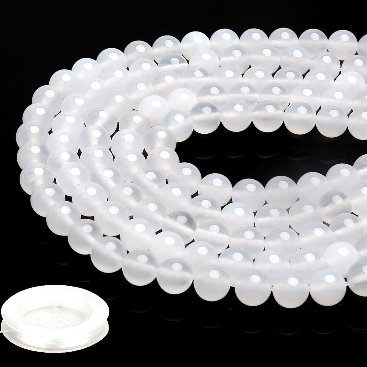 70PCS Natural 8MM Healing Gemstone, White Agate Energy Stone Round Loose Beads, Semi-Precious Crystal Beads with Free Elastic String for Jewelry Making DIY