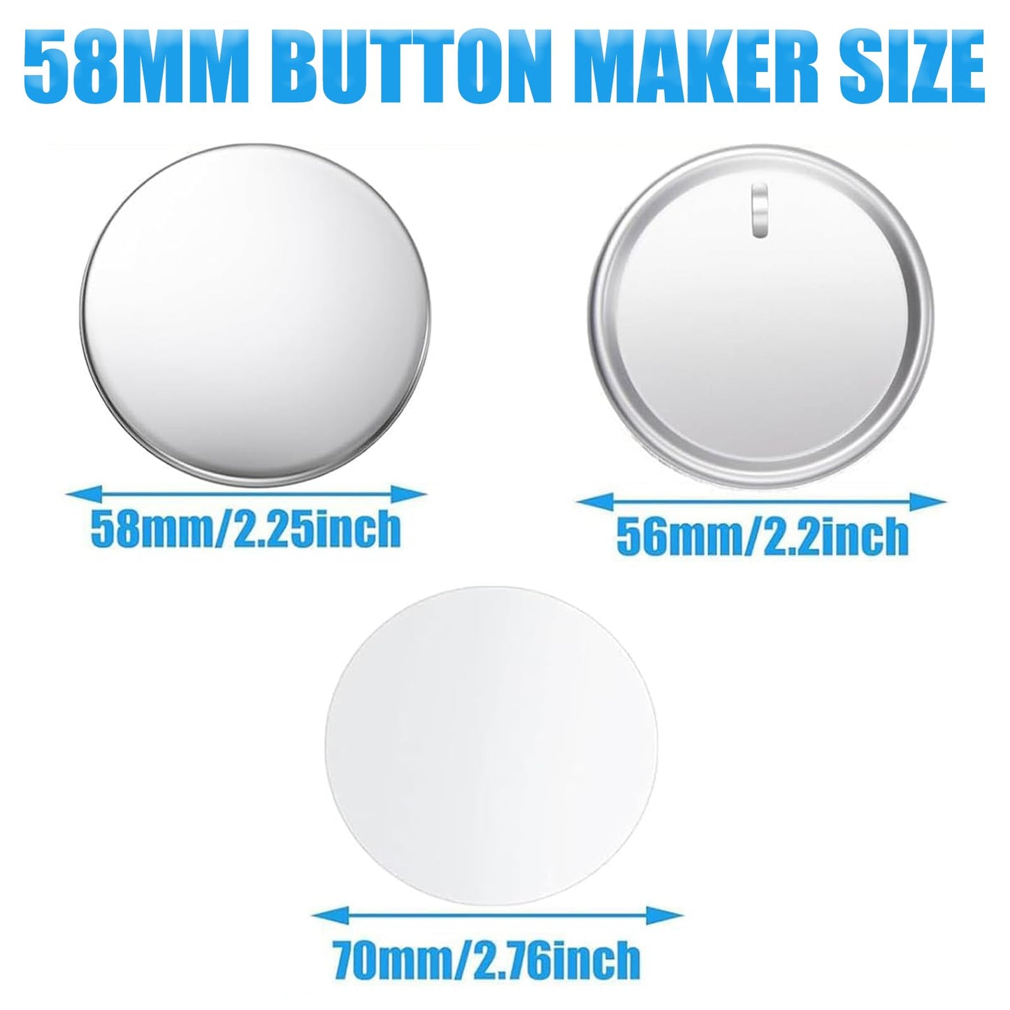 Button Maker Keychains Supplies, 200 Pcs 58mm Pin Maker Set, Metal Button Maker Supplies with Metal Shell Cover, Transparent Film & Chain Head