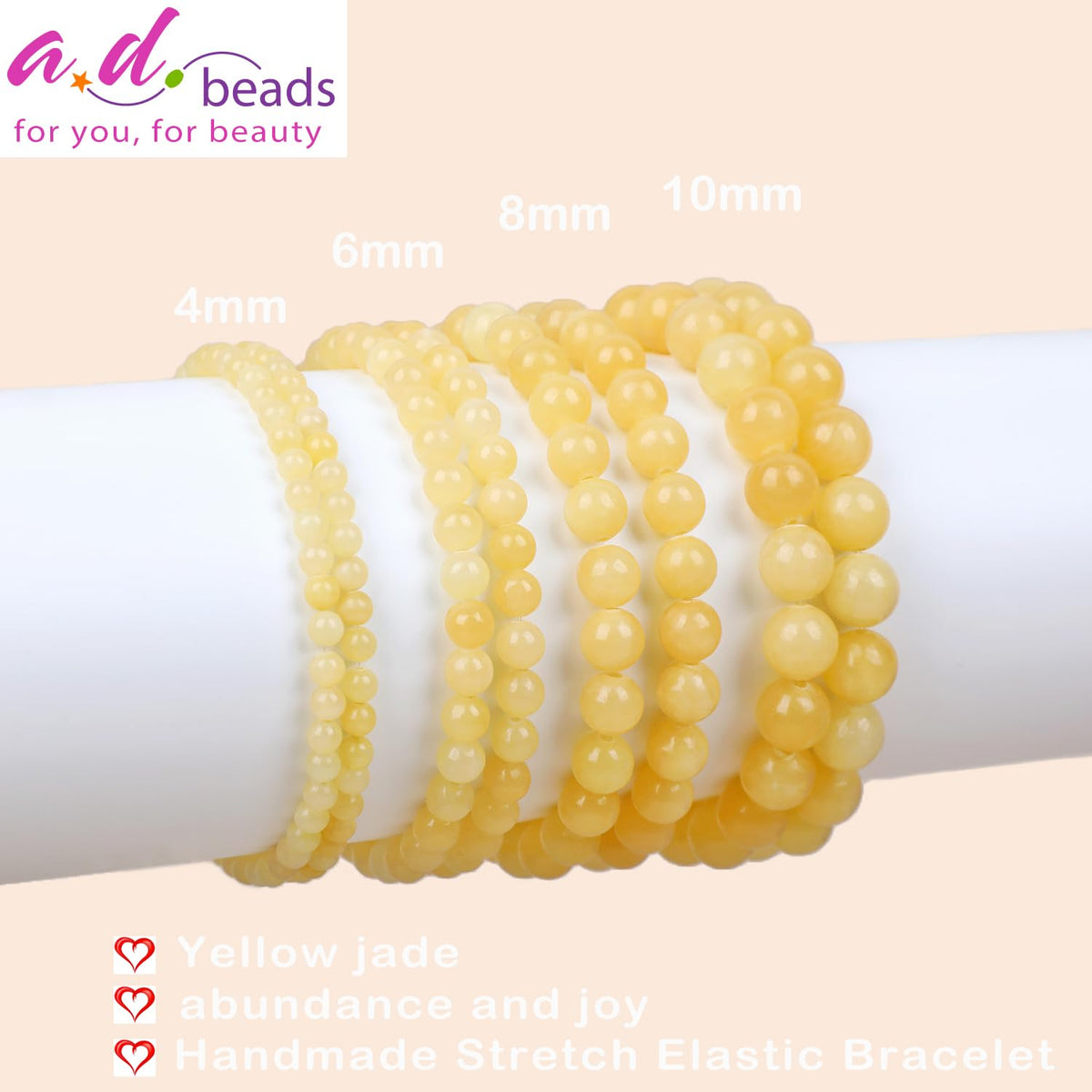 AD Beads Handmade Gemstone Stretch Elastic Bracelet Crystal Healing Reiki Nature's Beauty and Spiritual Essence Unisex (8mm, Yellow Jade (Abundance and Joy))