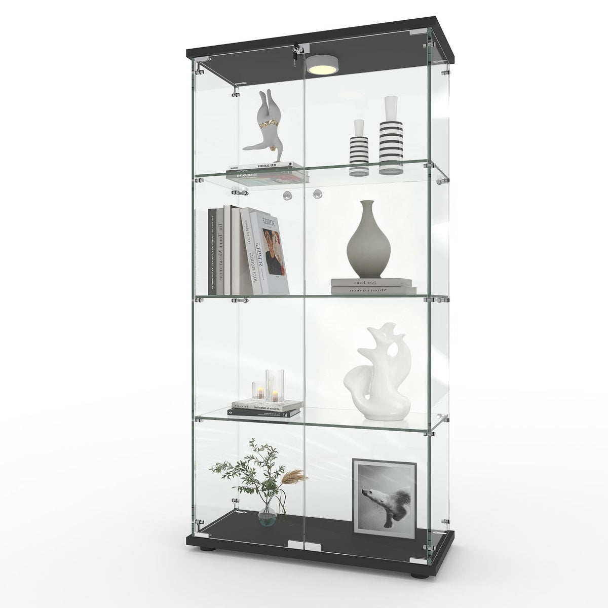 GarveeHome 4 Shelves Display Cabinet, Tempered Glass Curio Showcase with LED Light & Lock, Double Doors Storage Cabinet for Living Room Bedroom Office, Black, 64x31.7x14.3 Inch