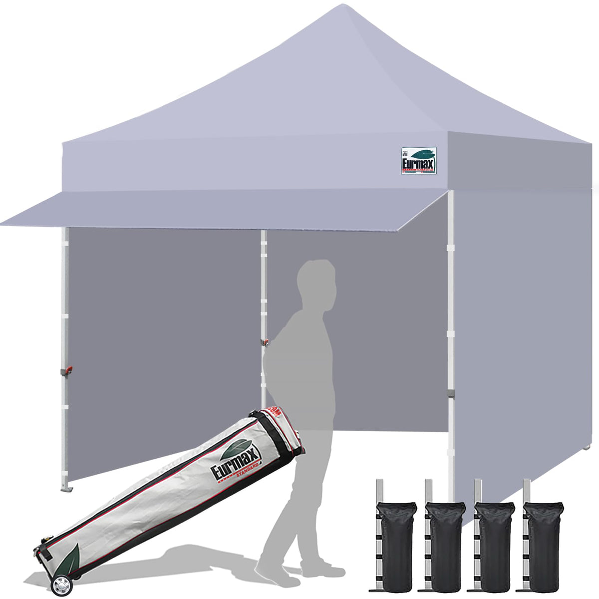 Eurmax USA 10x10 Pop Up Canopy,Commercial Tent with Patented No-Tip Rolling Bag,30sqft Extension Awning & 4 Zippered Removable Walls,UV & Water Resistant,Heavy Duty Instant Shelter Gazebo,Grey