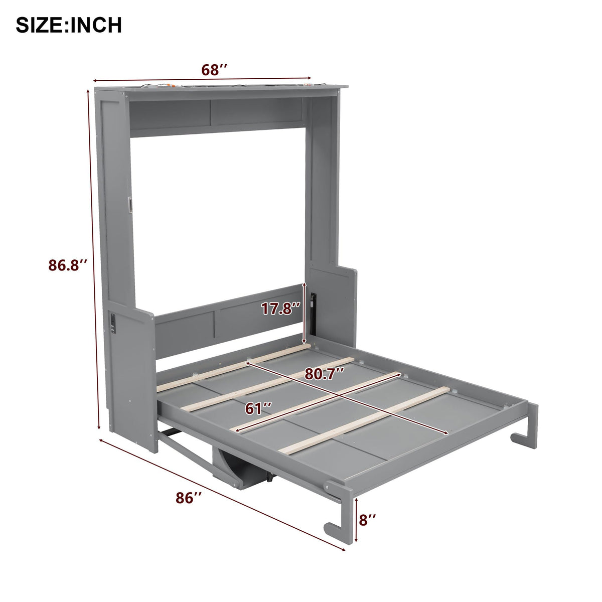 Ball & Cast Queen Size Murphy Bed with Desk,Hideaway Beds w/LED Lights and USB Charging Station,Wood Wall Cabinets Bedframe,Slat Support,Dual Piston Metal Folding Mechanism Designed,Gray