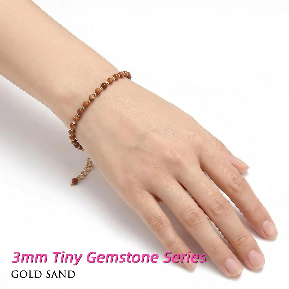 Morchic 3mm Goldstone Natural Gemstone Beaded Bracelet for Women, Dainty Tiny Charm Jewelry, Adjustable 7.1-8.6", Ideal Birthday Holiday Gift
