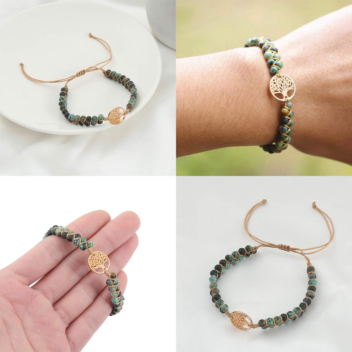 Jinxiuge Tree of Life Turquoise Stone Bracelet for Women Handmade Braided Layered Bead Bracelet with Black Gift Box