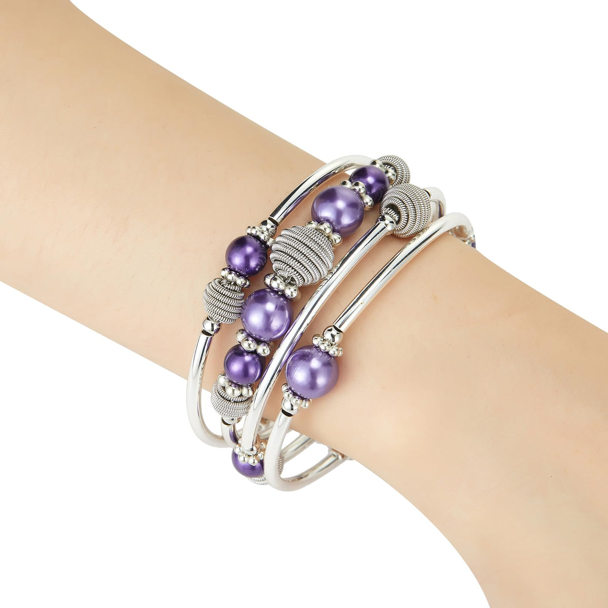 Beaded Chakra Bangle Turquoise Bracelet - Fashion Jewelry Wrap Bracelet with Thick Silver Metal and Mala Beads, Birthday Gifts For Women(Purple pear)