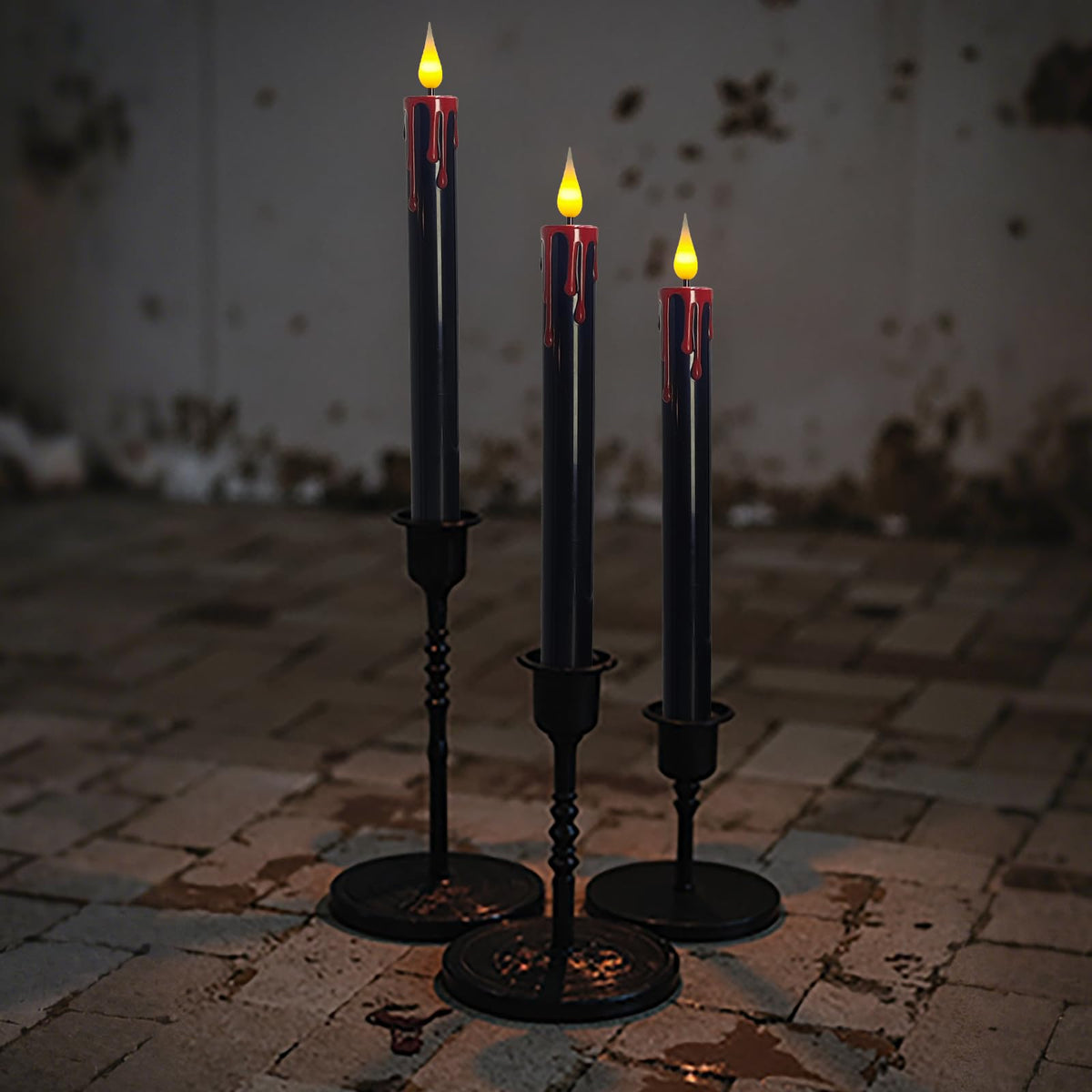 ODTRAM Flameless Taper Candles with 3D Flickering Effect Blood Dripping & 10-Key Remote，Taper Candles Battery Operated for Halloween Spooky Horror Home Decoration - Set of 6 Black(0.8" x 10")