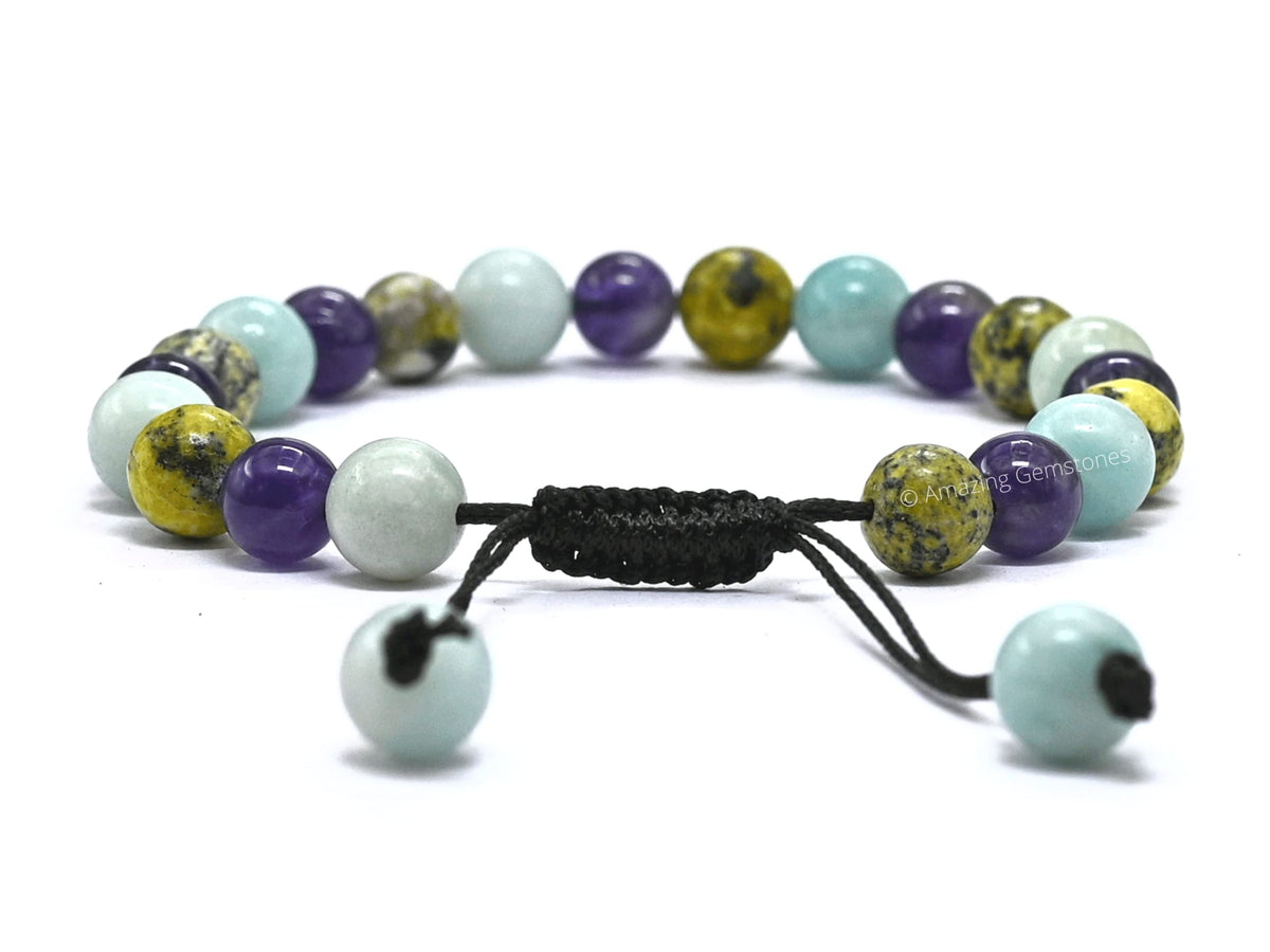 Amazing Gemstone Bracelet for Headaches and Migraines - Amazonite Serpentine Amethyst Bracelet Set for Men Women Healing Calming Anxiety Stress Relief Gifts Pulseras Para Hombres Mujer (Adjustable)