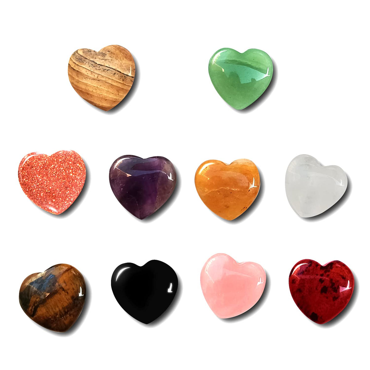 10 PCS Healing Crystals Bulk Natural Stone Heart Shape Amethyst Rose Quartz Tiger Eye Clear Quartz Obsidian Pocket Palm Thumb Gemstone Decor for Garden, Lawn, Flowerpot