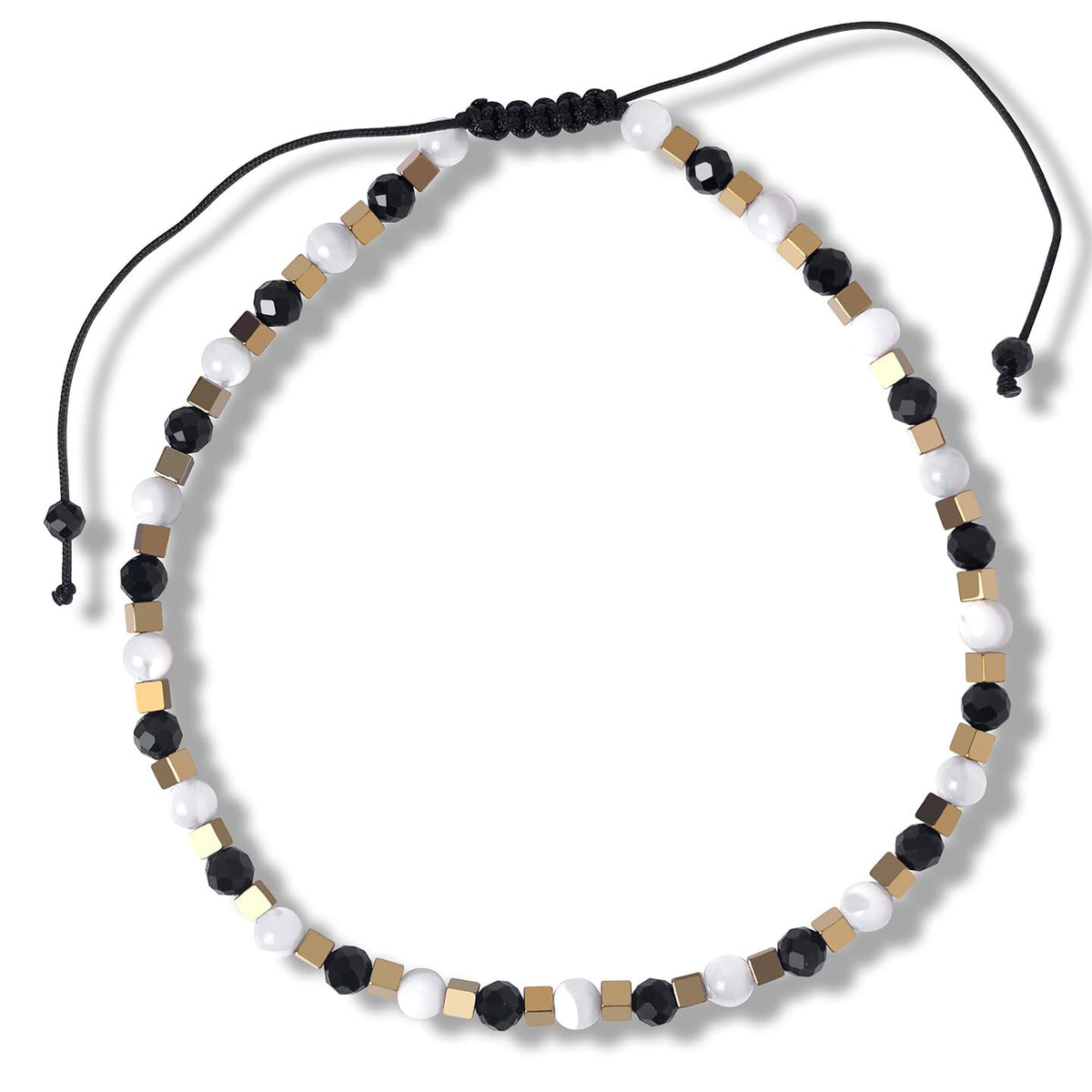 BEADSENER Black Onyx Adjustable Charming Bracelet for Women, 3mm Natural Shell Gemstone Hematite Stone Beads, Pull String Slider Metal Free Design Waterproof, Gift for Her Daily Wear