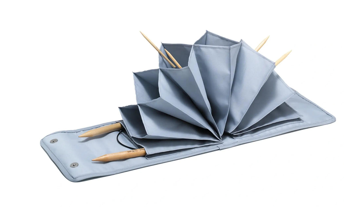 Prym Circular Knitting Needle Case – 9” x 7-1/4” Fan-Fold Organizer with 10 Pockets, Magnetic Closure & Zip Accessory Pocket - Blue Woodland