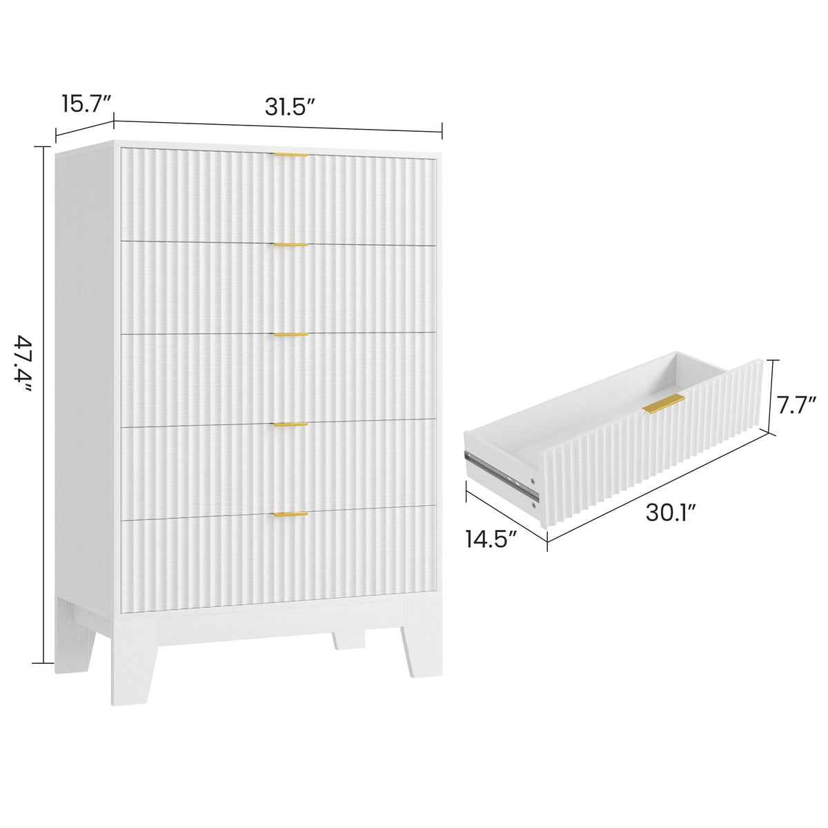 Garvee 5 Drawer Dresser for Bedroom, 47" Tall Fluted Chest of Drawers with Metal Handle, Modern Wooden Dresser TV Stand, Clothes Storage Organizer Wood Closet for Hallway, Entryway, White