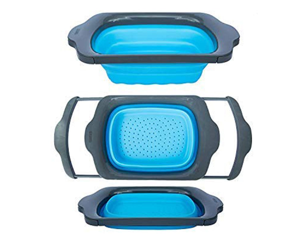 Comfify XL Large Kitchen Strainer - Collapsible Silicone Over - The-Sink Colander with Extendable Handles - Use with Pasta, Fruit, Berries & Veggie - 6 Quart - Blue