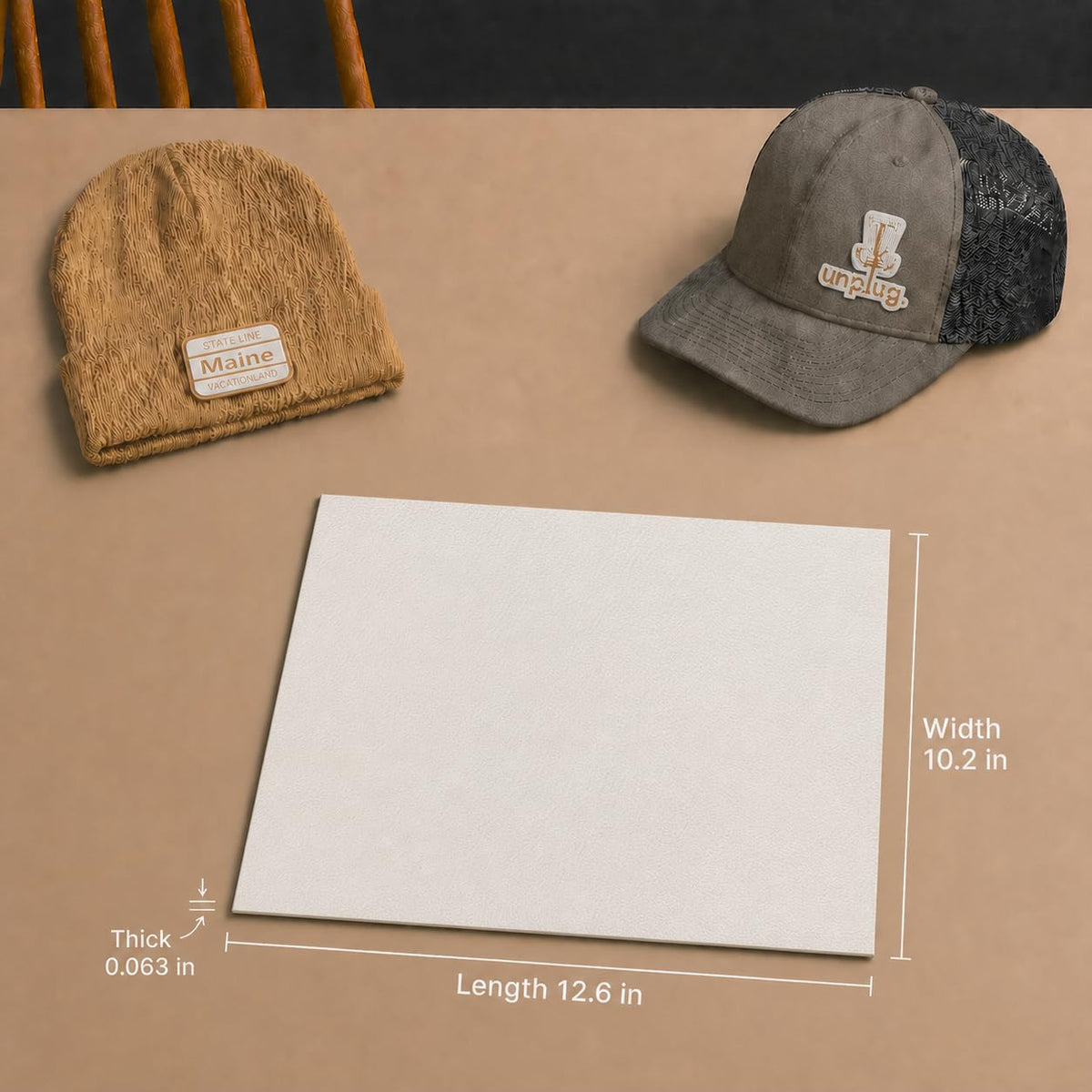 Cream/Gold Laserable Leatherette Sheet Laser Engraving Blanks White Faux Leather Hat Patches Heat Press Iron-on with Heat-Activated Adhesive Backing for Beanie Cap Crafts Material Supplies,1.8mm,5-Pcs