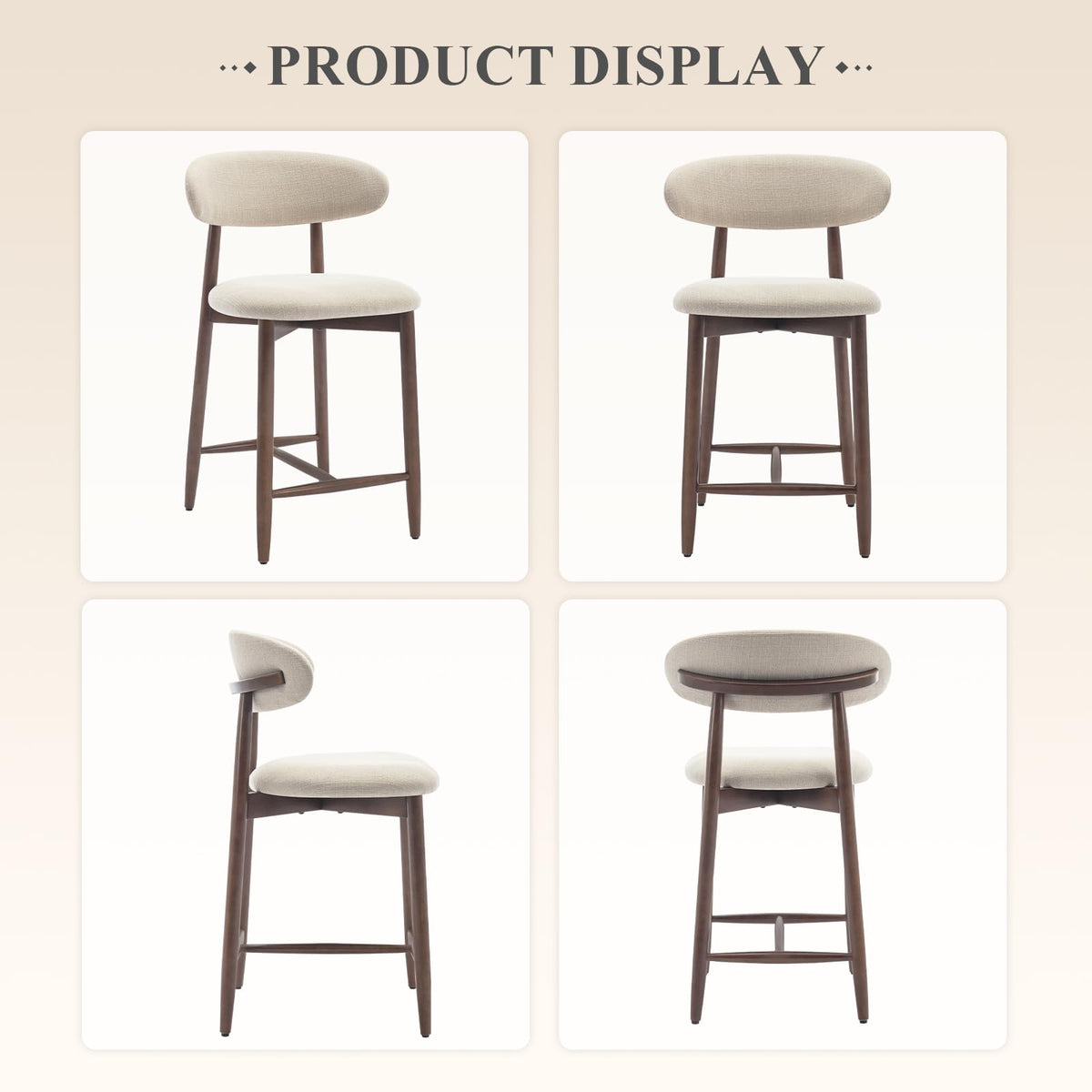 COLAMY Counter Height Bar Stools Set of 2, Kitchen Bar Stools with Back, Mid Century Modern Upholstered, with Wood Legs for Kitchen Island Dining Room, Beige