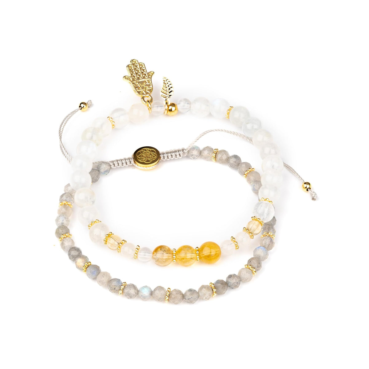 Conscious Items - Golden Hand of Fortune - Citrine Crystal & Moonstone Bracelet with Hamsa Hand for Wealth, Labradorite Bracelet for Inner Strength