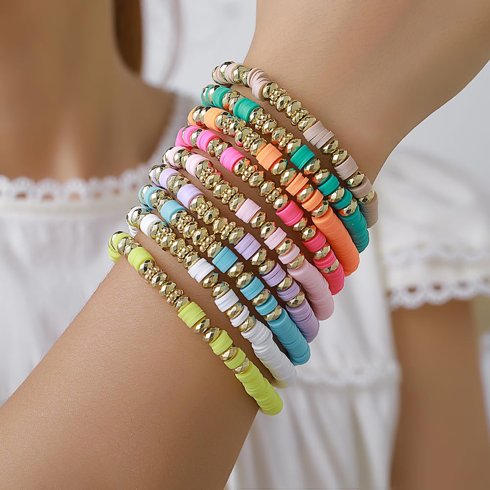 Behrooci Friendship Bracelets Boho Stackable Bracelets for Women Surfer Heishi Clay Bead Bracelet Stretch Preppy Bracelet (9pcs Colorful)