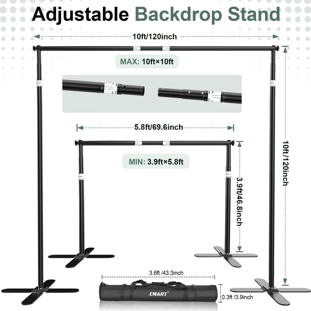 EMART Pipe and Drape Backdrop Stand Kit 10x10ft, Heavy Duty Back Drop Adjustable Stand with X-Shaped Base, Metal Background Frame for Parties Wedding Birthday Decoration Photography Photo Booth Video