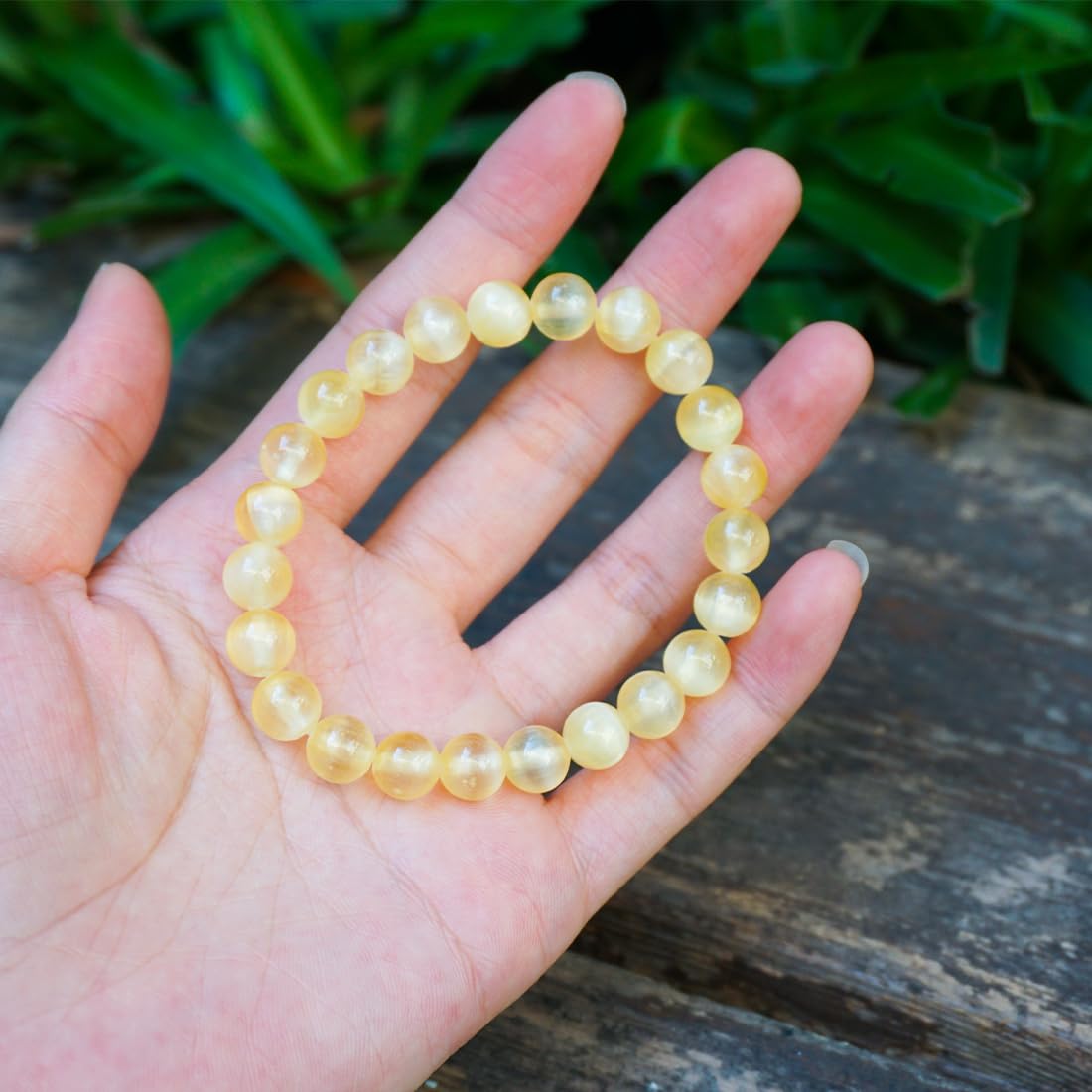 Natural Selenite Crystal Bracelet 8mm | Yellow Plated | Authentic Stone with Leather Pouch, Gift Box & Repair Kit | Fits about 7 inch Wrist