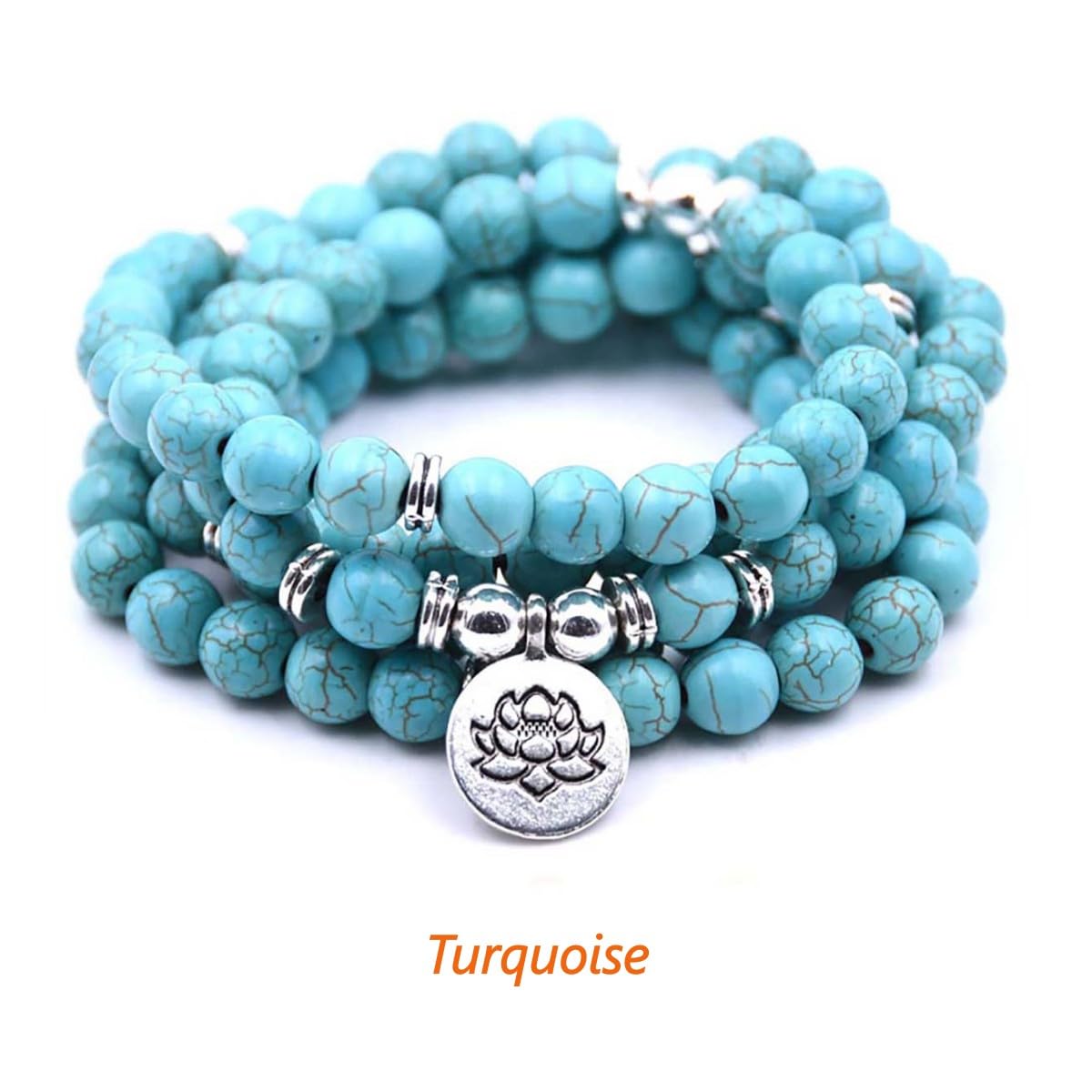oasymala 108 Mala Beads Bracelet Necklace - Gemstone Prayer Beads with Lotus Charm for Meditation & Yoga (Turquoise)