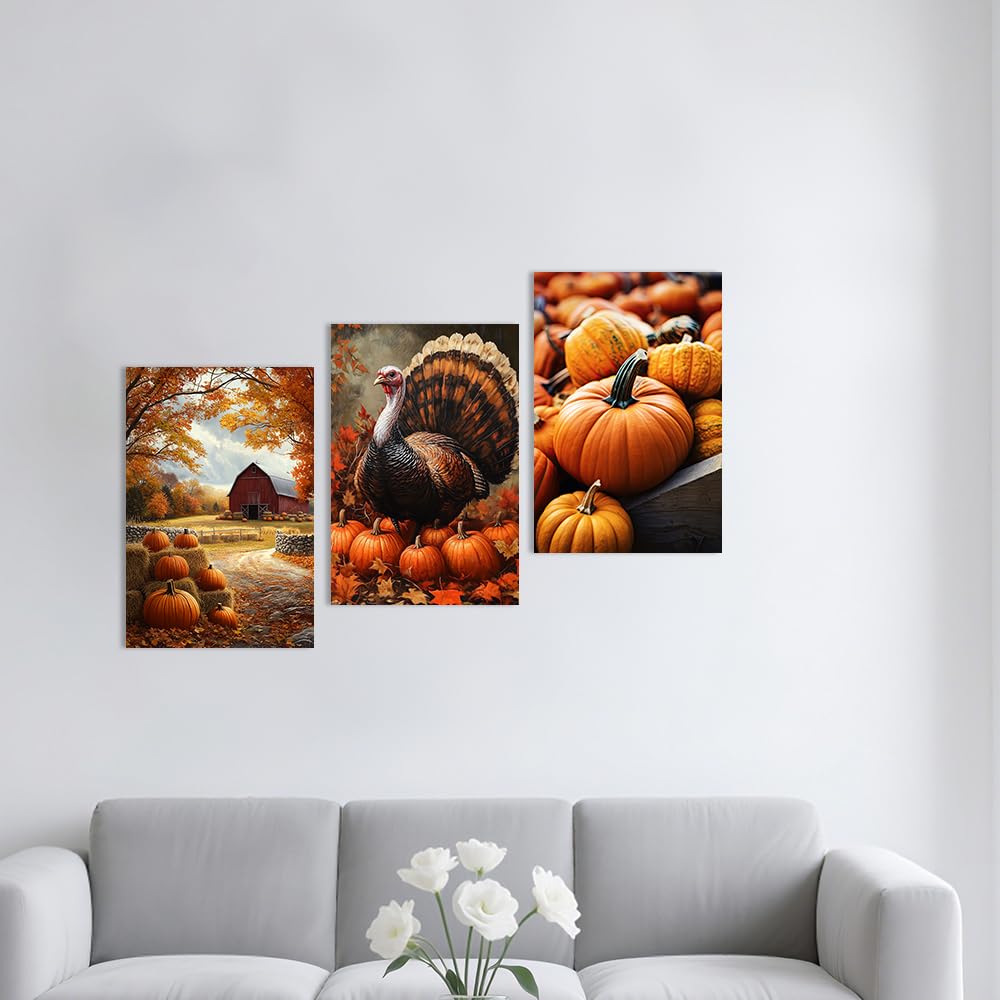 CCWORKERRY Fall Picture Wall Art Set of 3 Barn and Pumpkin Canvas Prints Autumn Painting Rural Harvest Poster Farmhouse Kitchen Decor Framed(Orange,12" x 16"x3P)